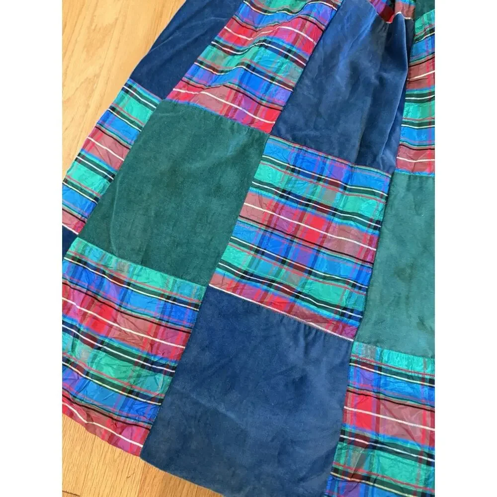 VTG 70’s Patchwork Plaid Christmas Midi Skirt Blouse Matching Set S preppy
